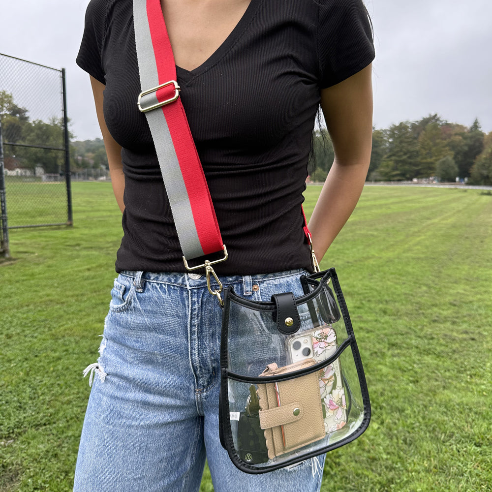 Woman wearing the Bailey Clear Messenger with Vegan Black Leather