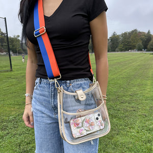 Woman wearing the Bailey Clear Messenger with Vegan Metallic Gold Leather
