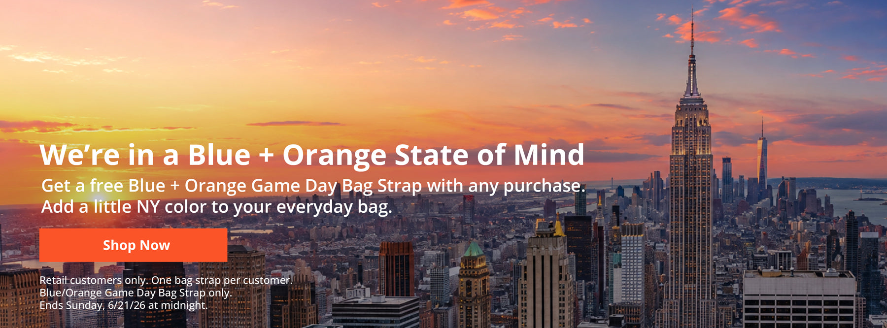 New York City skyline with promotional text overlay for a free blue + orange game day bag with any purchase.