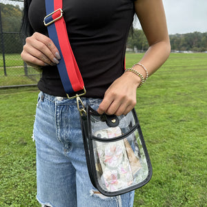 Woman wearing the Breanna Clear Messenger with Vegan Black Leather