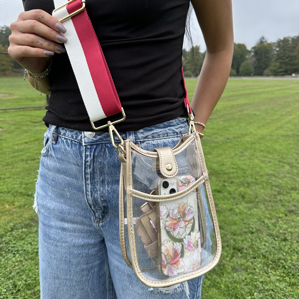 Breanna Clear Messenger with Vegan Metallic Gold Leather