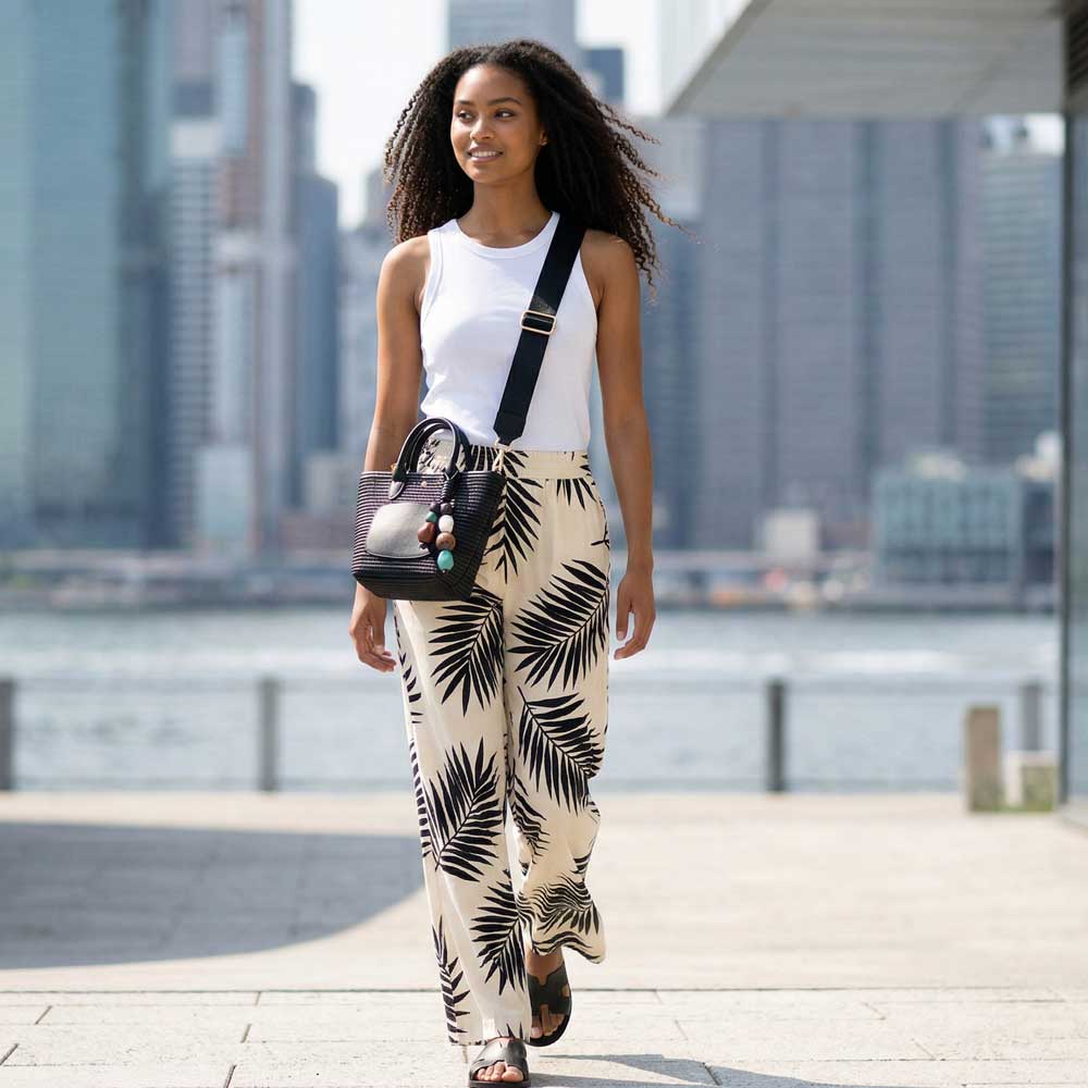 Woman wearing a white sleeveless top and black and white palm leaf pants, and a black raffia tote.