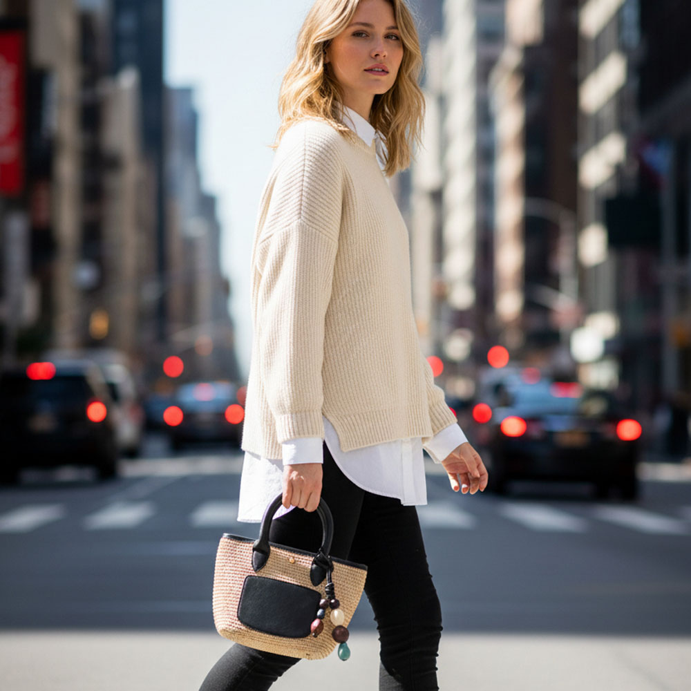 Woman walking on a city street holding a raffia tote with vegan black leather details and a beaded bag charm.
