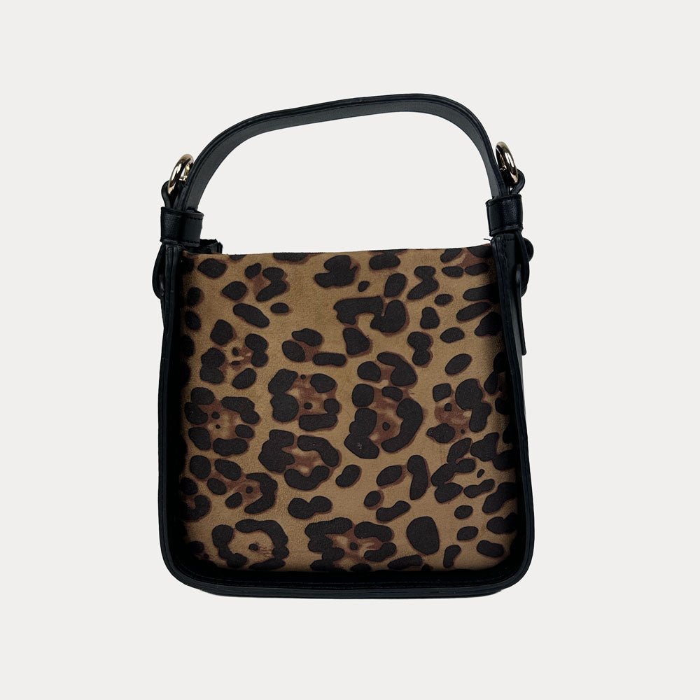 Handbag with Leopard Print and  Black Vegan Leather Details with Black Bead Trim. Back View