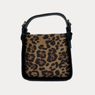 Handbag with Leopard Print and  Black Vegan Leather Details with Black Bead Trim. Back View