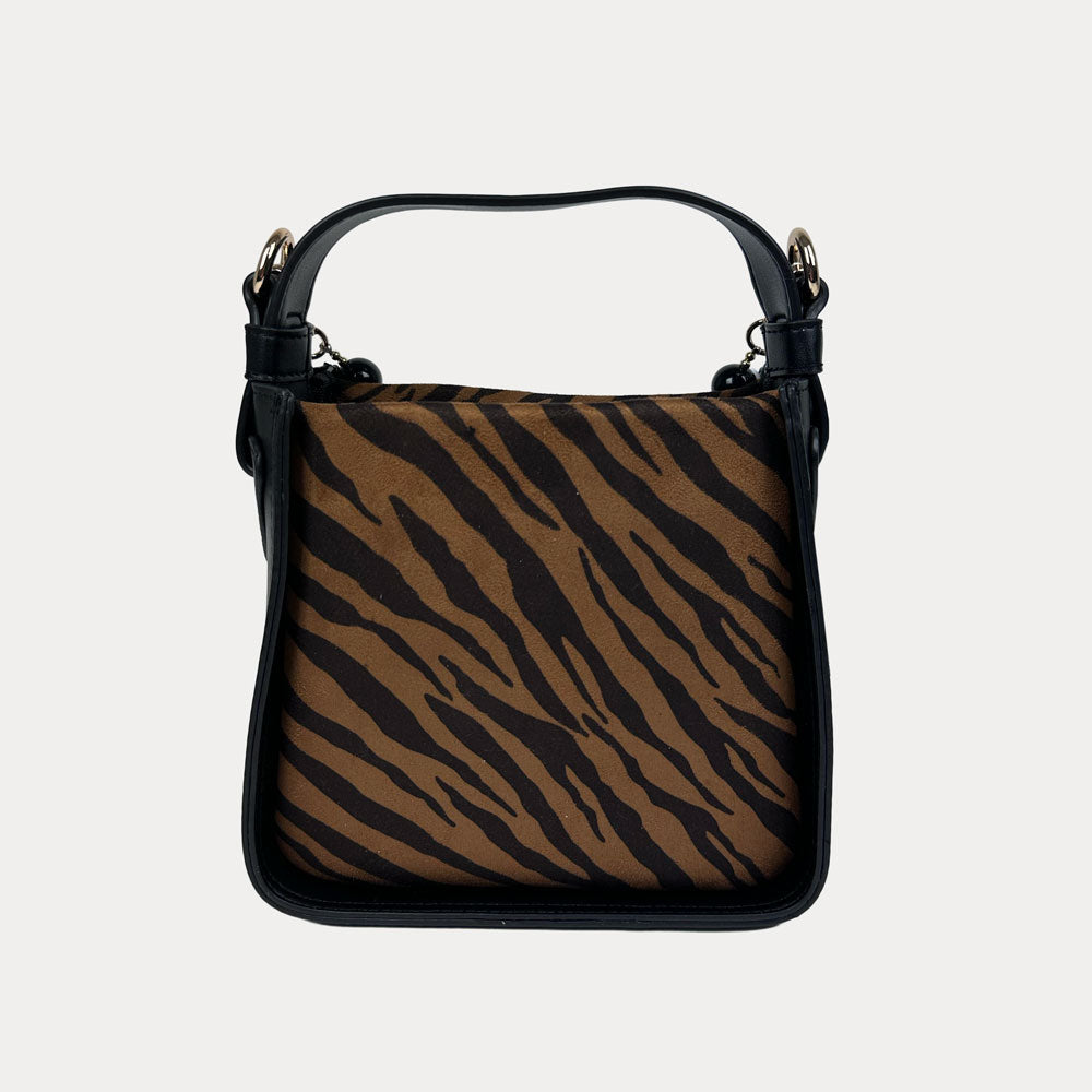 Handbag with Zebra Print and  Black Vegan Leather Details with Black Bead Trim. Back View