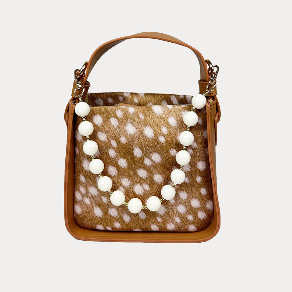 Handbag with Deer Print and  Camel Vegan Leather Details with Cream  Bead Trim. Front View