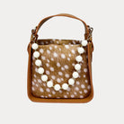 Handbag with Deer Print and  Camel Vegan Leather Details with Cream  Bead Trim. Front View