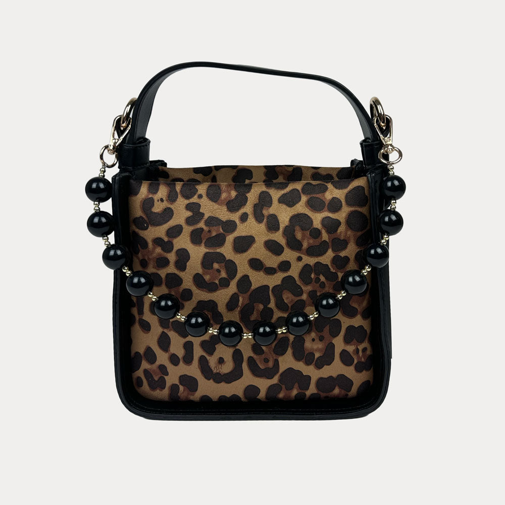 Handbag with Leopard Print and  Black Vegan Leather Details with Black Bead Trim. Front View