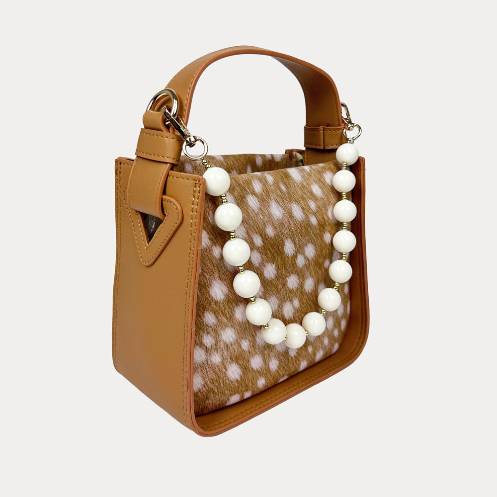 Handbag with Deer Print and  Camel Vegan Leather Details with Cream  Bead Trim. Side View
