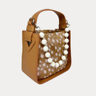 Handbag with Deer Print and  Camel Vegan Leather Details with Cream  Bead Trim. Side View
