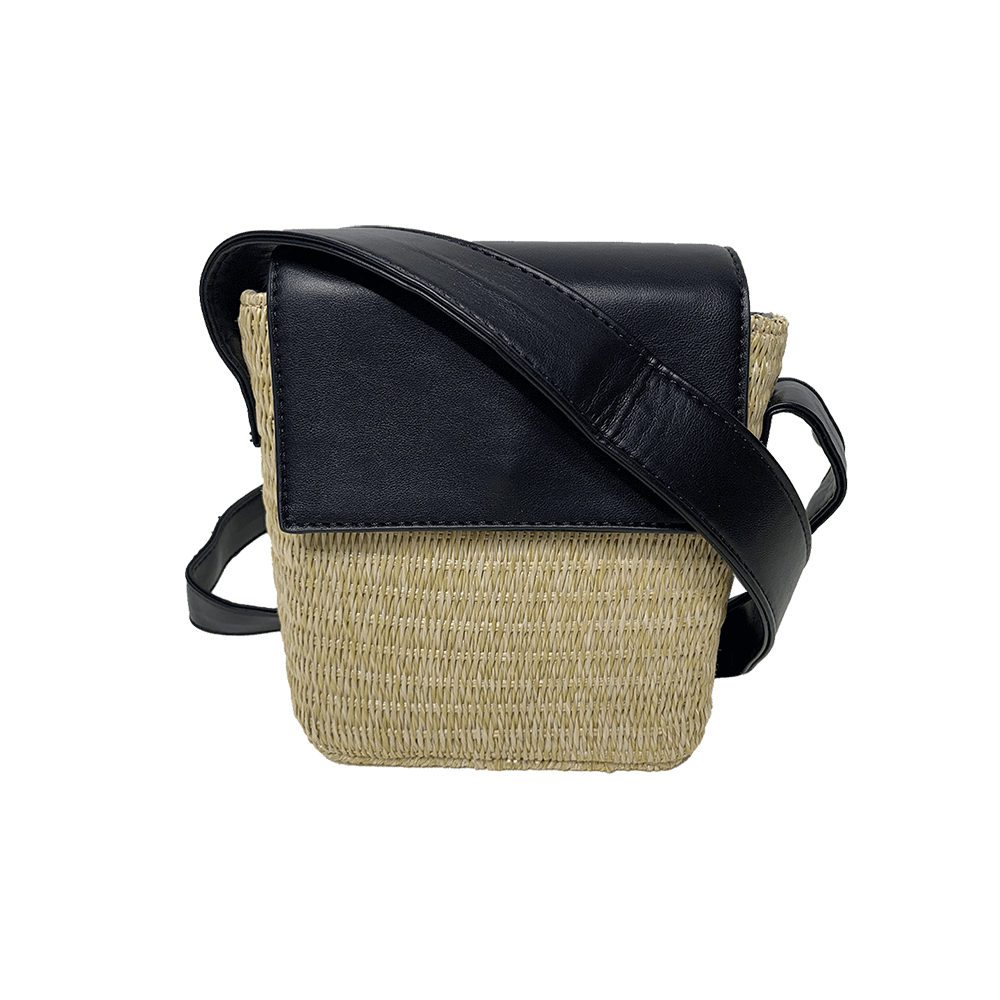 Celeste Raffia Crossbody with Black Vegan Leather and attached crossbody strap