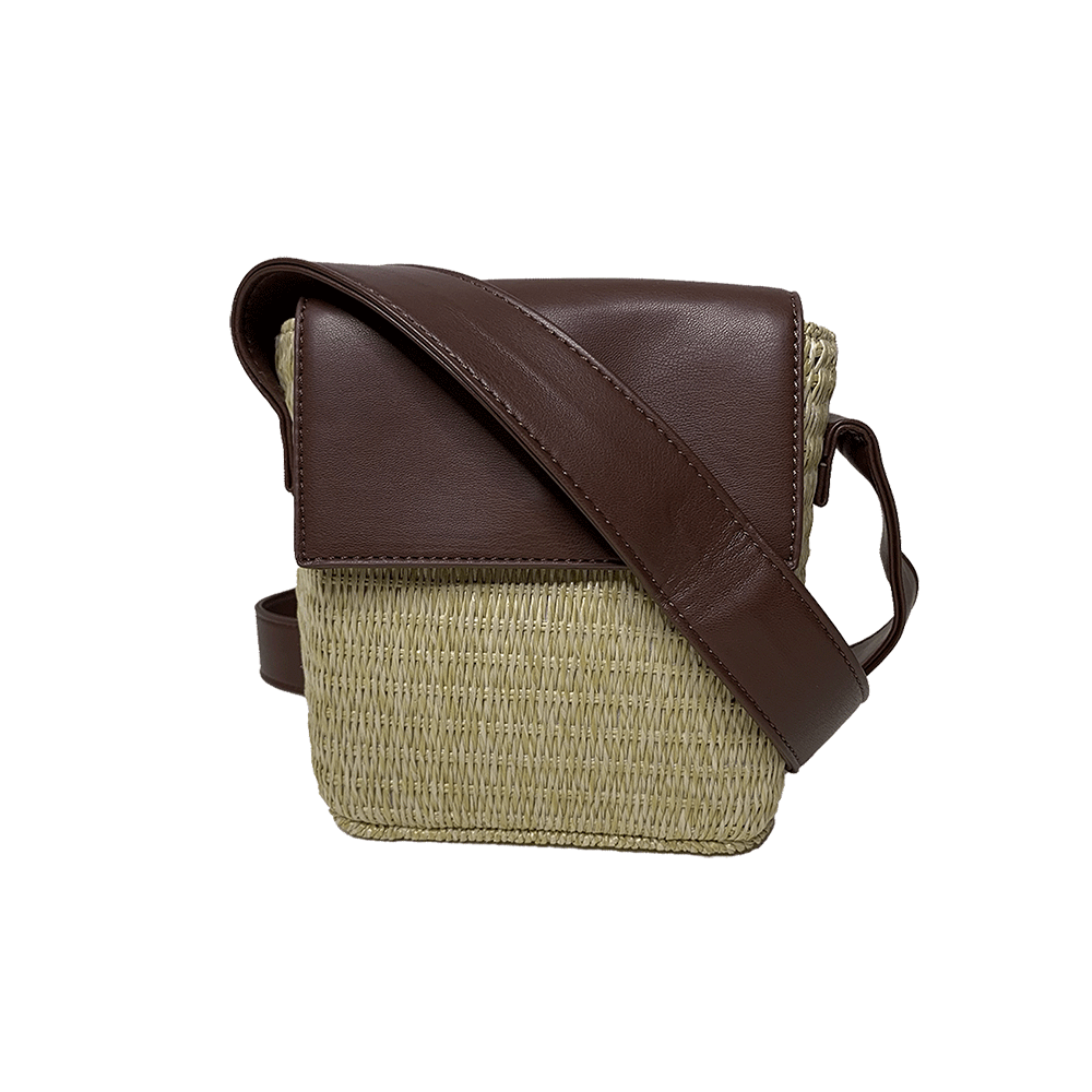 Celeste Raffia Crossbody with Brown Vegan Leather and attached crossbody strap