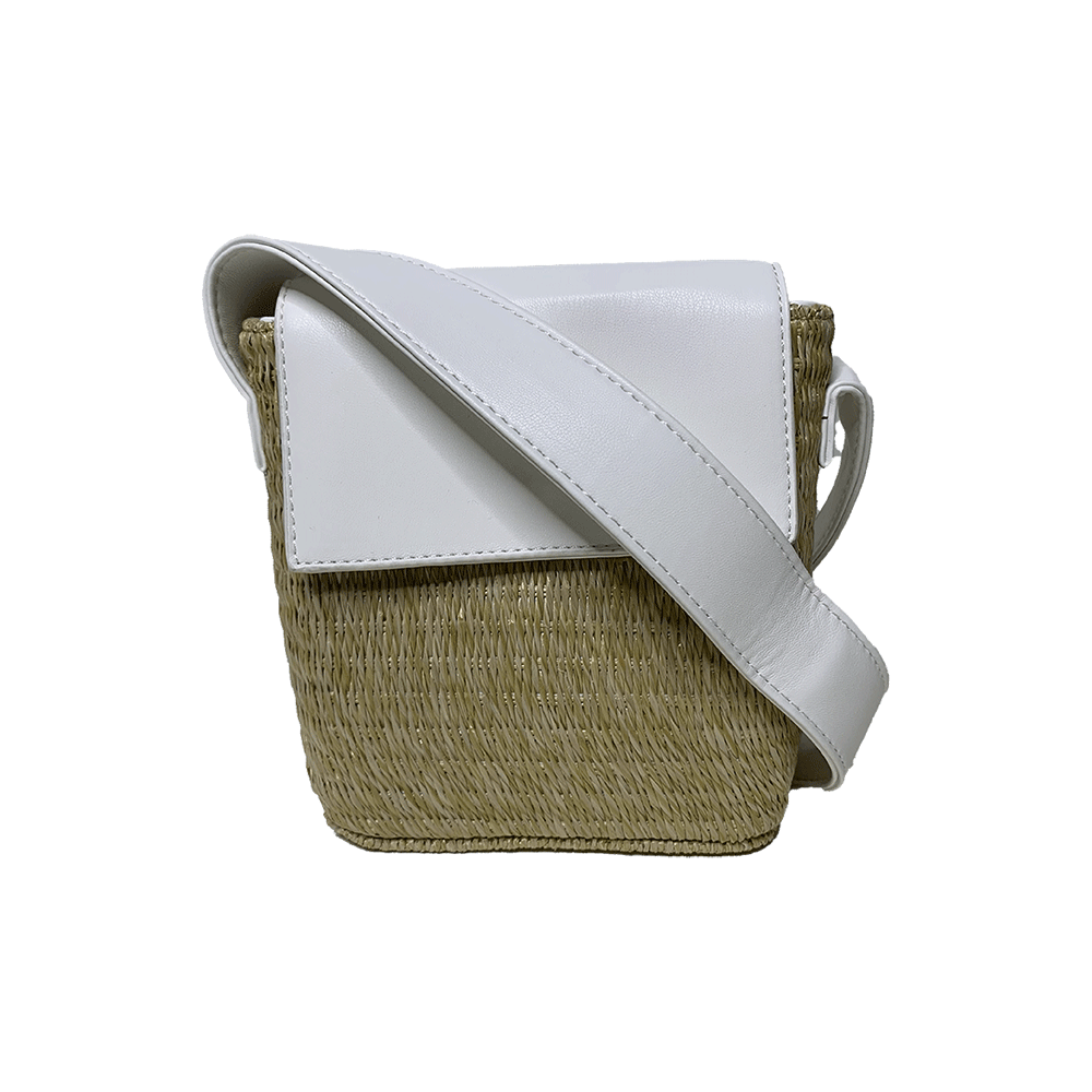 Celeste Raffia Crossbody with White Vegan Leather and attached crossbody strap