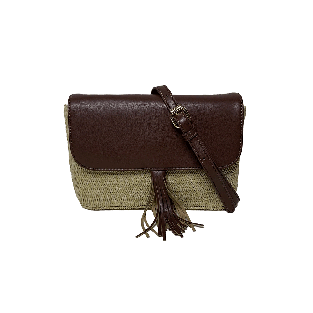 Colleen Raffia Crossbody with Brown Vegan Leather and 1/4" Vegan Leather Strap