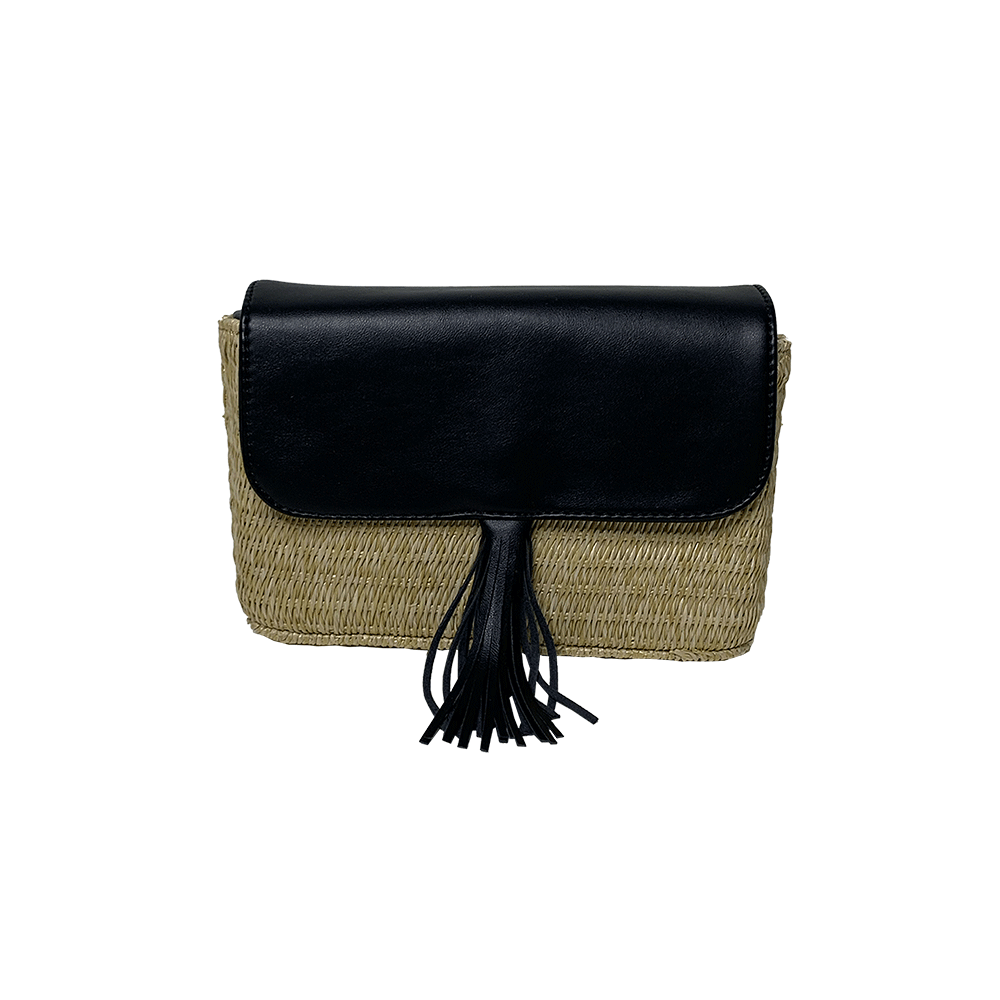 Colleen Raffia Crossbody with Black Vegan Leather and 1/4" Vegan Leather Strap
