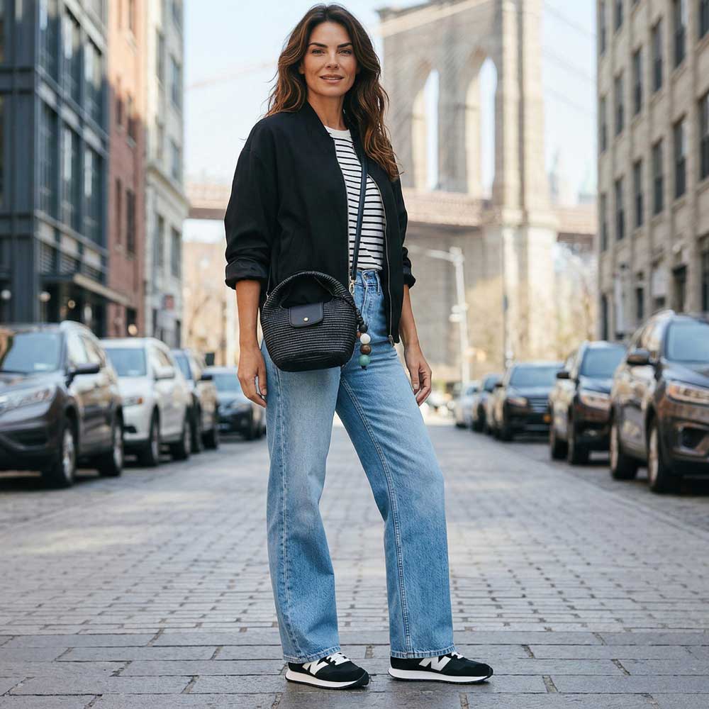 Woman in black jacket, striped shirt, blue jeans, and black raffia bag standing on a city street with the Brooklyn Bridge in the background.