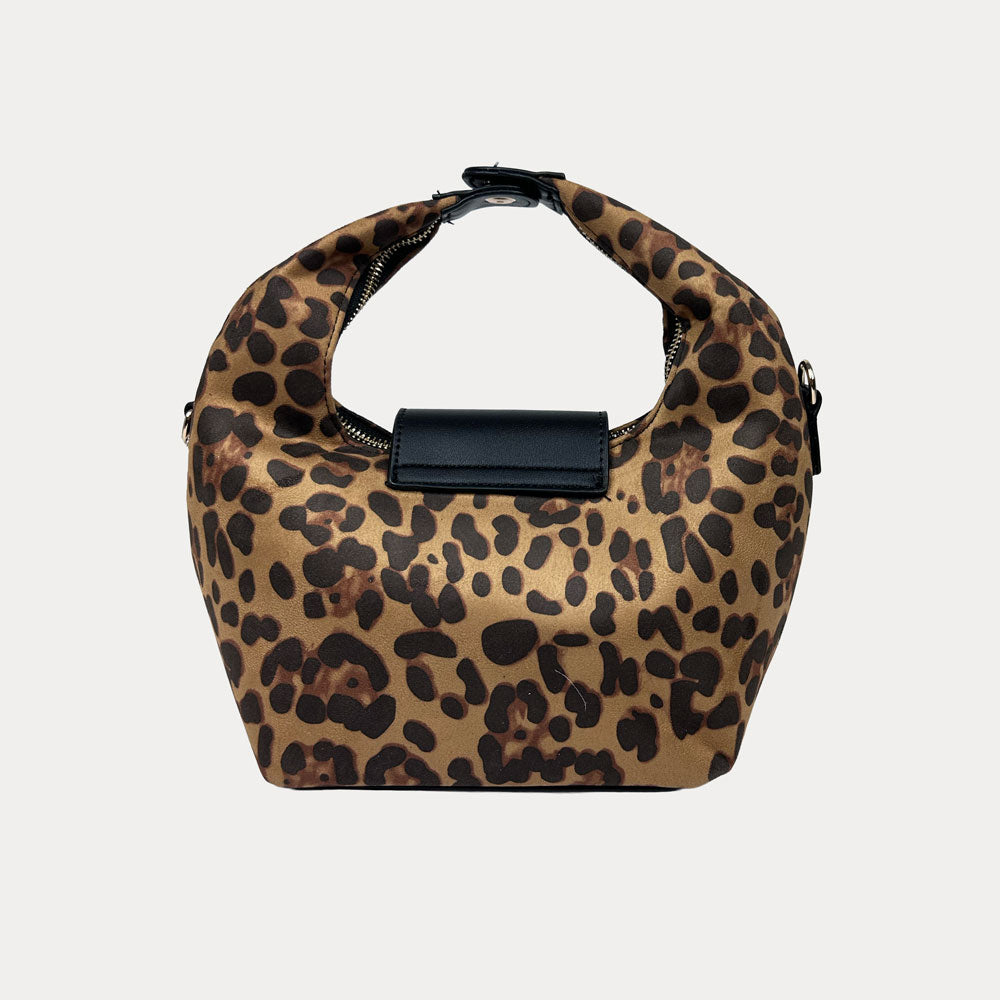 Handbag with leopard print and black leather accents on a light gray background- Back View