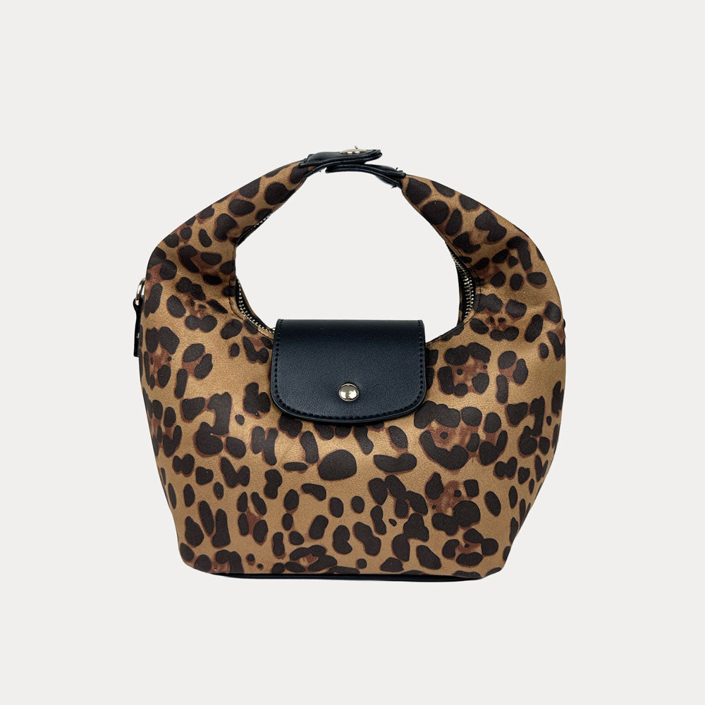 Handbag with leopard print and black leather accents on a light gray background- Front View