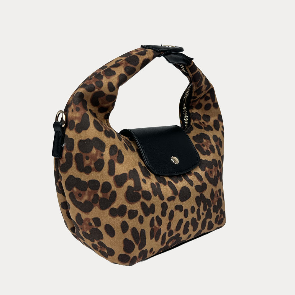 Handbag with leopard print and black leather accents on a light gray background- Side View