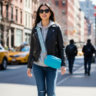 Woman wearing a turquoise bag on a city street