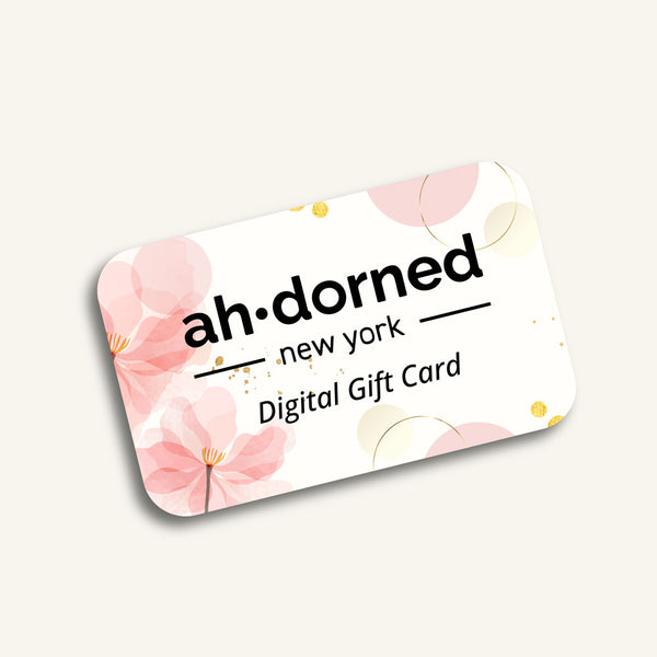 Digital gift card with 'ah·dorned new york' branding on a light background