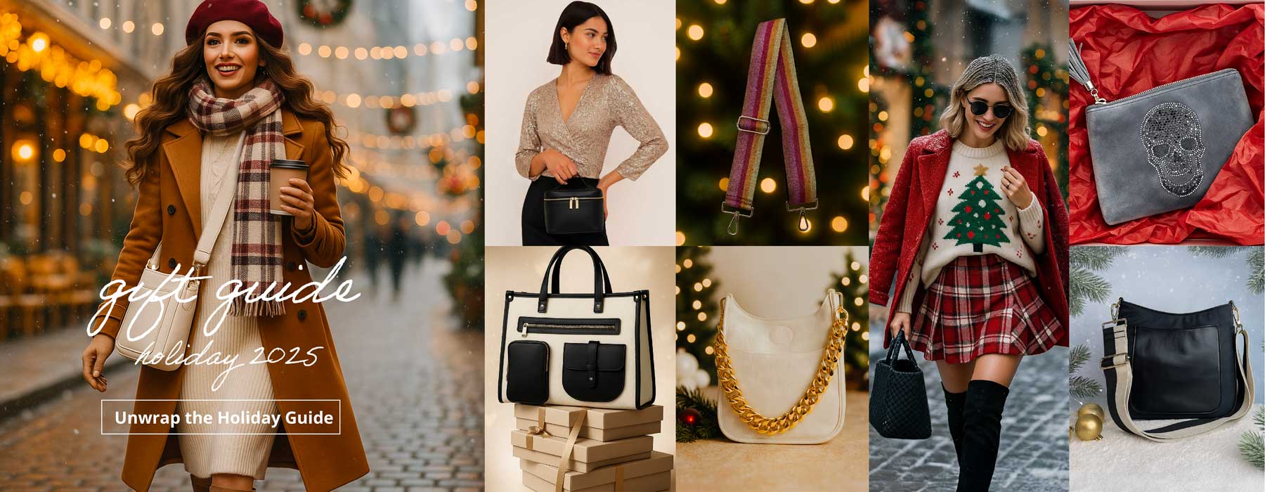 Collage of holiday gift ideas with people, bags, and festive attire.  Text: gift guide, holiday 2025, unwrap the holiday guide