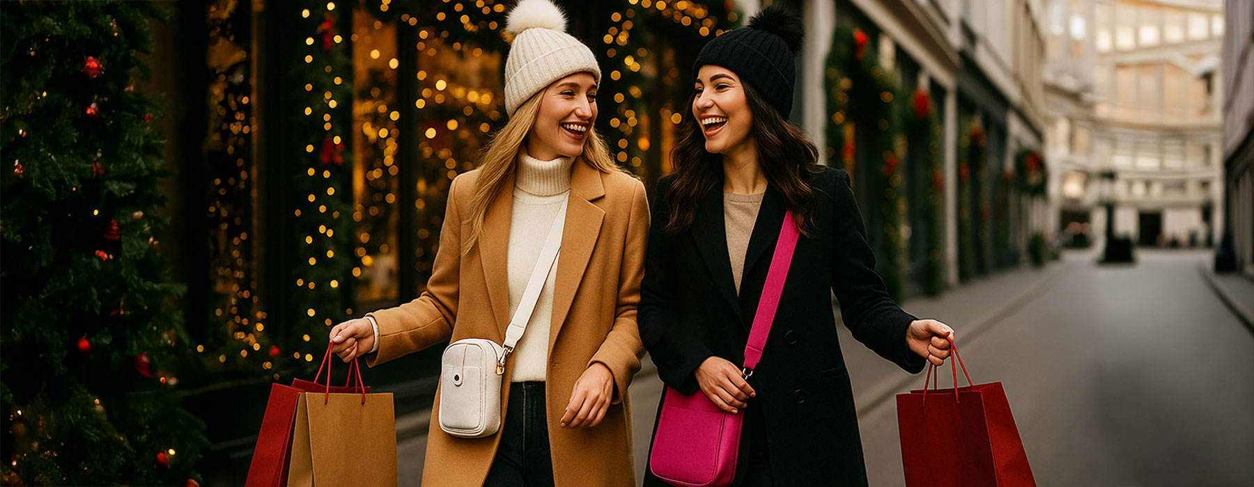Two women walking down a street with shopping bags, surrounded by festive decorations.