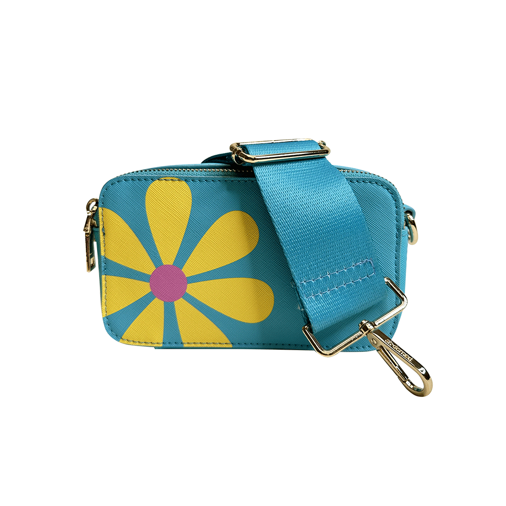 Aqua with Yellow Flower Jamie Flower Camera Bag & Solid 2” Strap