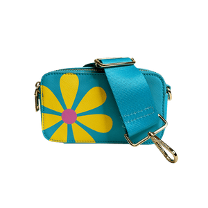 Aqua with Yellow Flower Jamie Flower Camera Bag & Solid 2” Strap
