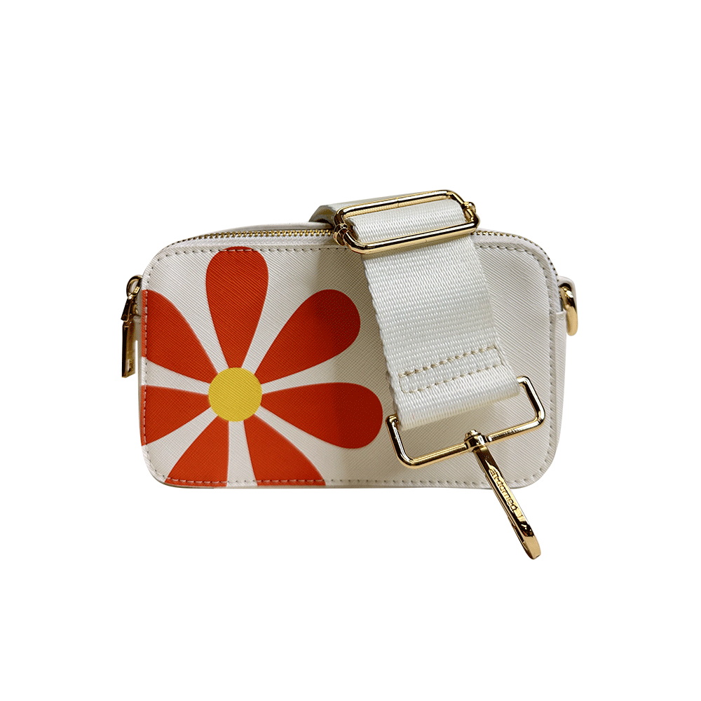 White with Orange Flower Jamie Flower Camera Bag & Solid 2” Strap
