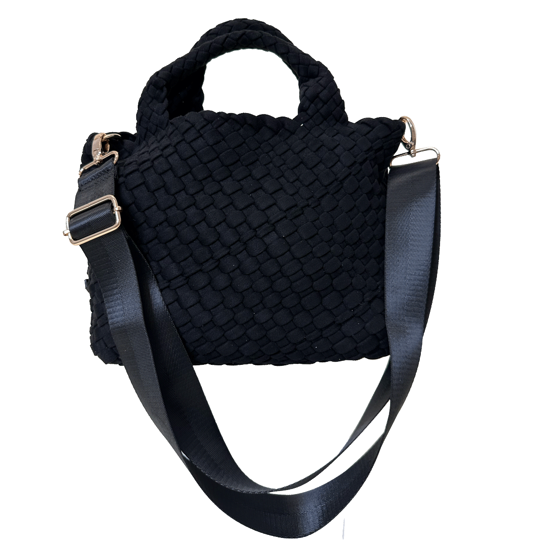 Black Linda Woven Velour Tote with 1.5" Bag Strap