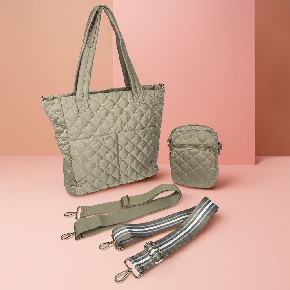 Pink background with the beige quilted tote next to beige crossbody with a solid strap and striped strap