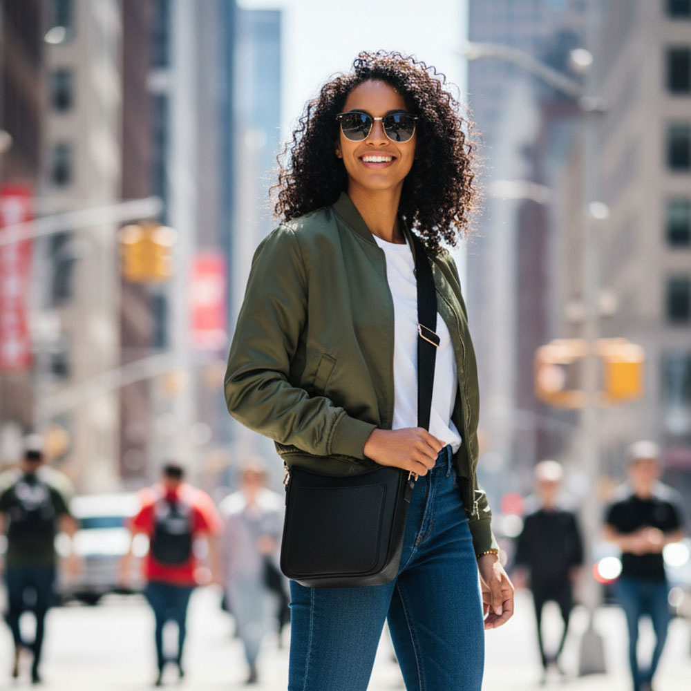 Woman walking on a city street wearing sunglasses and a green jacket. She is wearing a black crossbody bag.