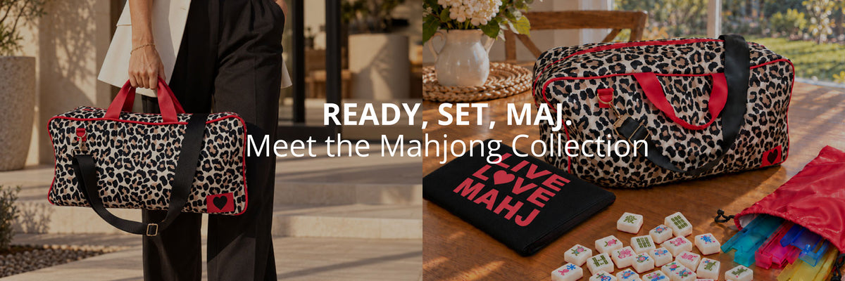 Split image.  Left Side: Woman holding a leopard print Mahjong bag.  Right Side: Table setting with Mahjong bag, pouch, and tiles.  Text: Ready, Set, Maj. Meet the Mahjong Collection