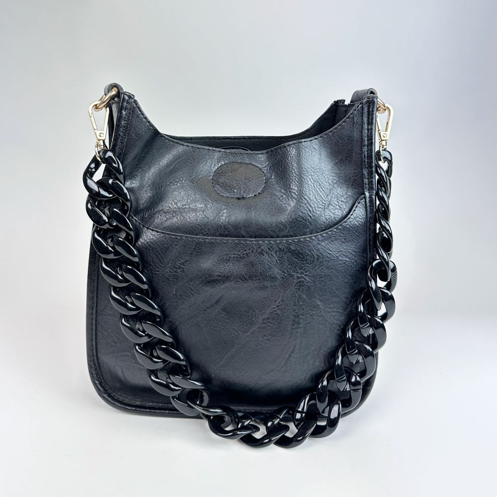 Grey handbag with black resin chain bag strap