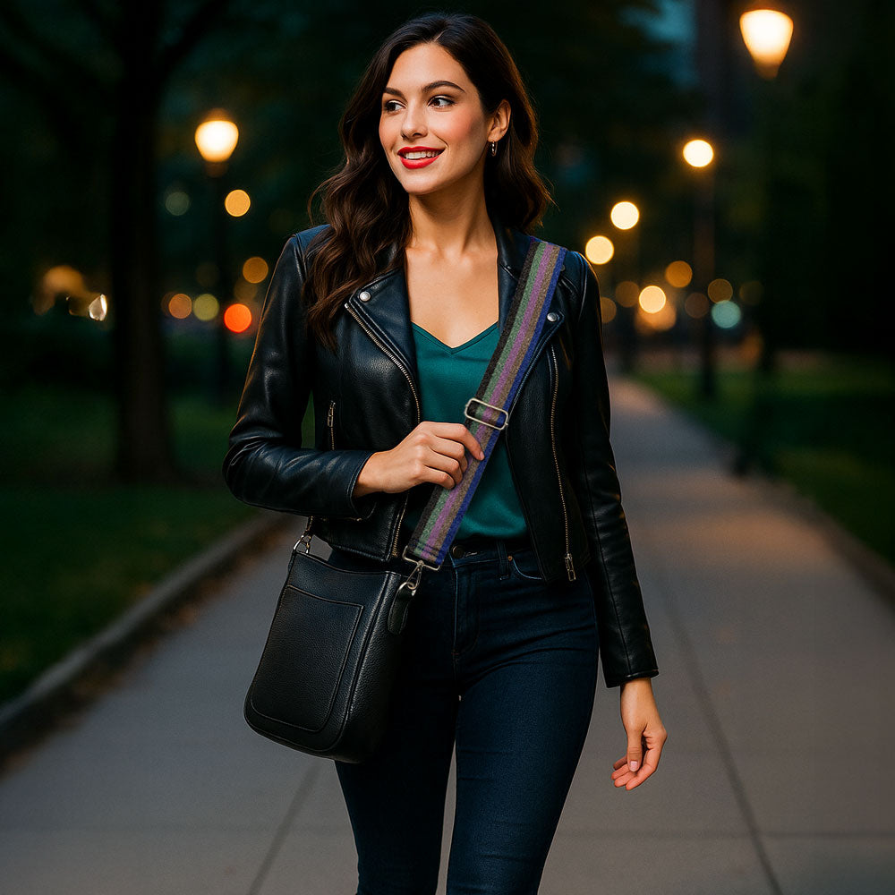 Woman walking in the early evening, wearing a black crossbody bag and metallic striped bag strap. 