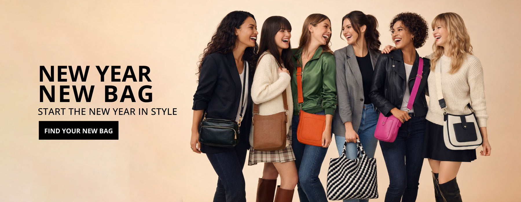 Group of women with various handbags on a beige background, promoting new year, new bag.  Button: Find Your New Bag