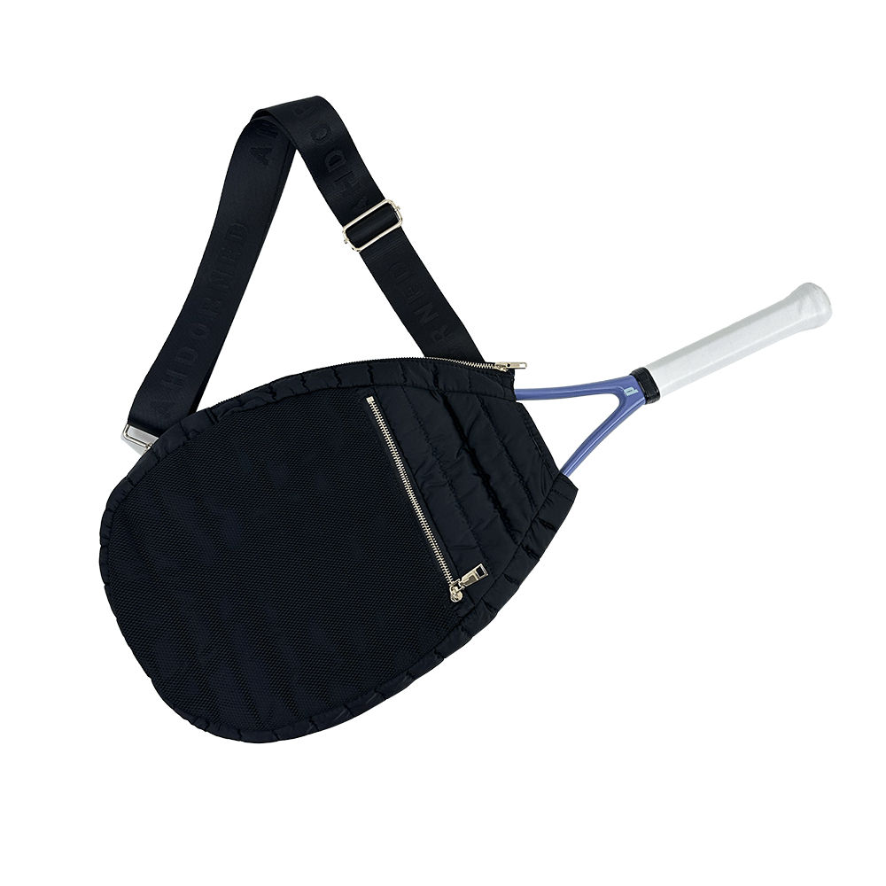 Black Piper Quilted Nylon Puffer Tennis Racket Cover with Strap