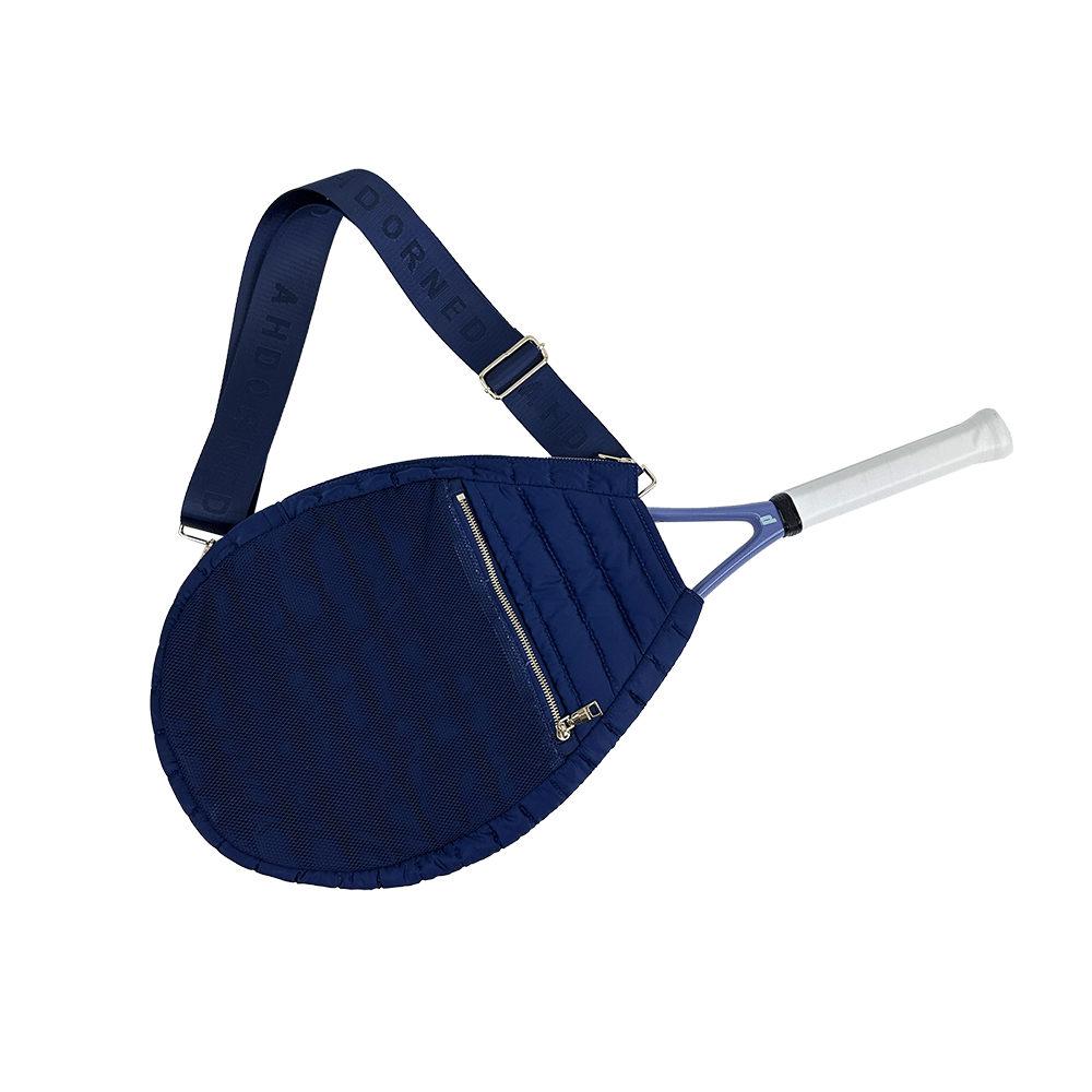 Navy Piper Quilted Nylon Puffer Tennis Racket Cover with Strap
