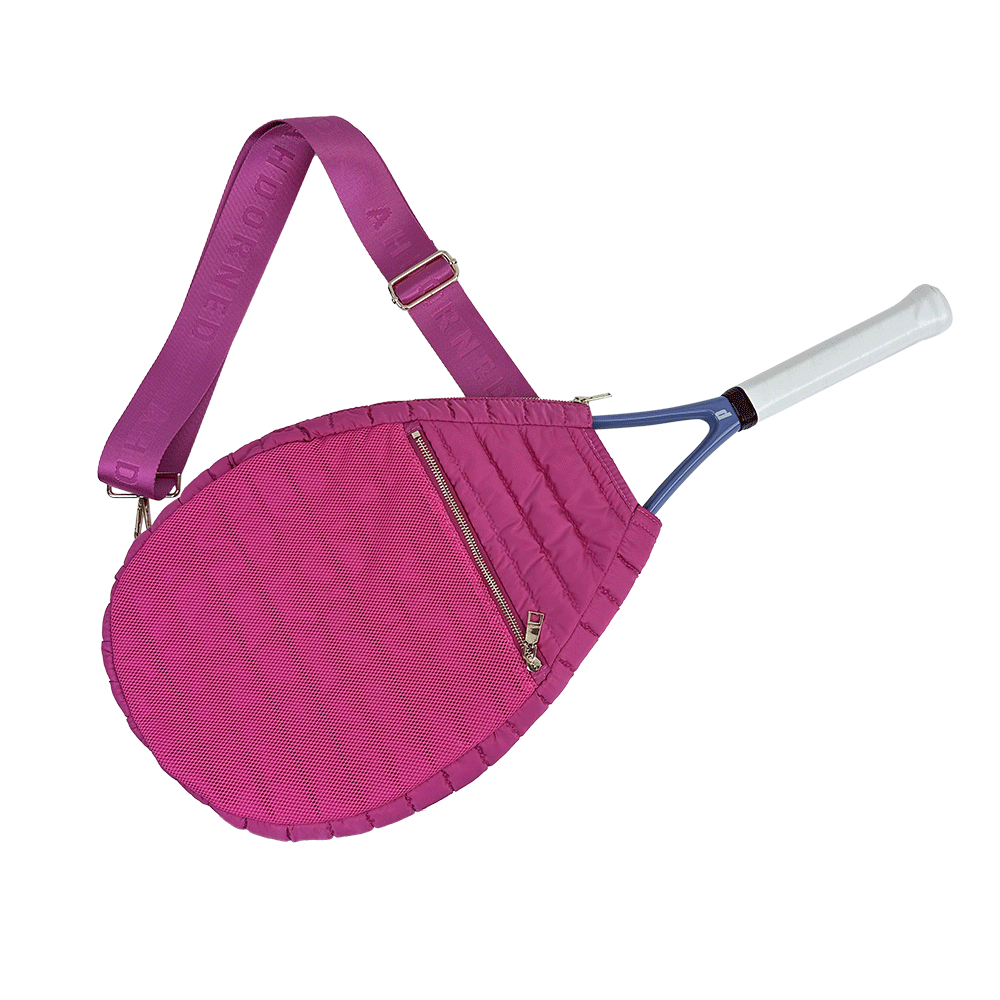 Pink Piper Quilted Nylon Puffer Tennis Racket Cover with Strap