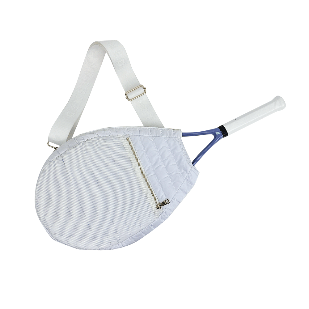 White Piper Quilted Nylon Puffer Tennis Racket Cover with Strap