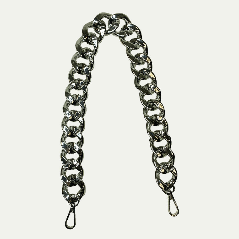 A silver-colored resin chain shoulder strap with clasp rings.