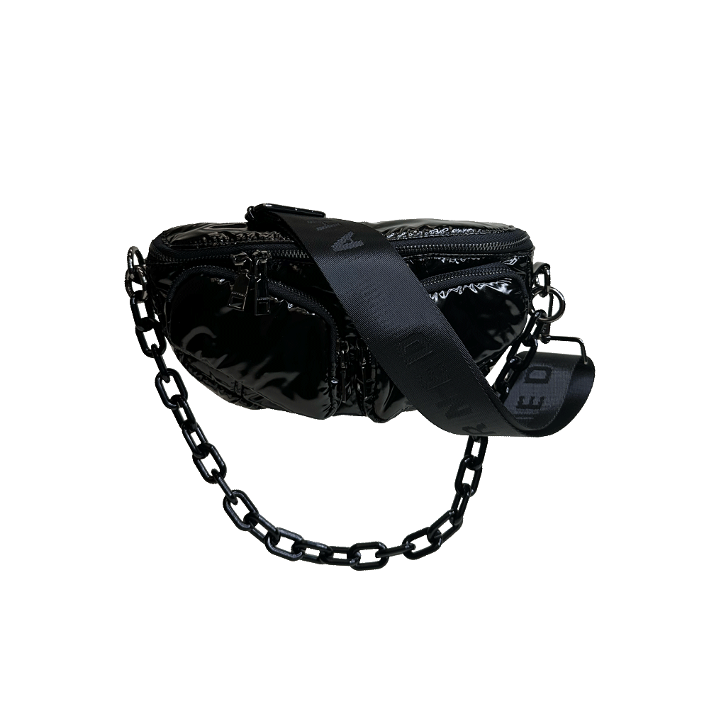 Rachel Black Liquid Nylon Quilted Sling/Bum Bag with Resin Chain and 2" Strap