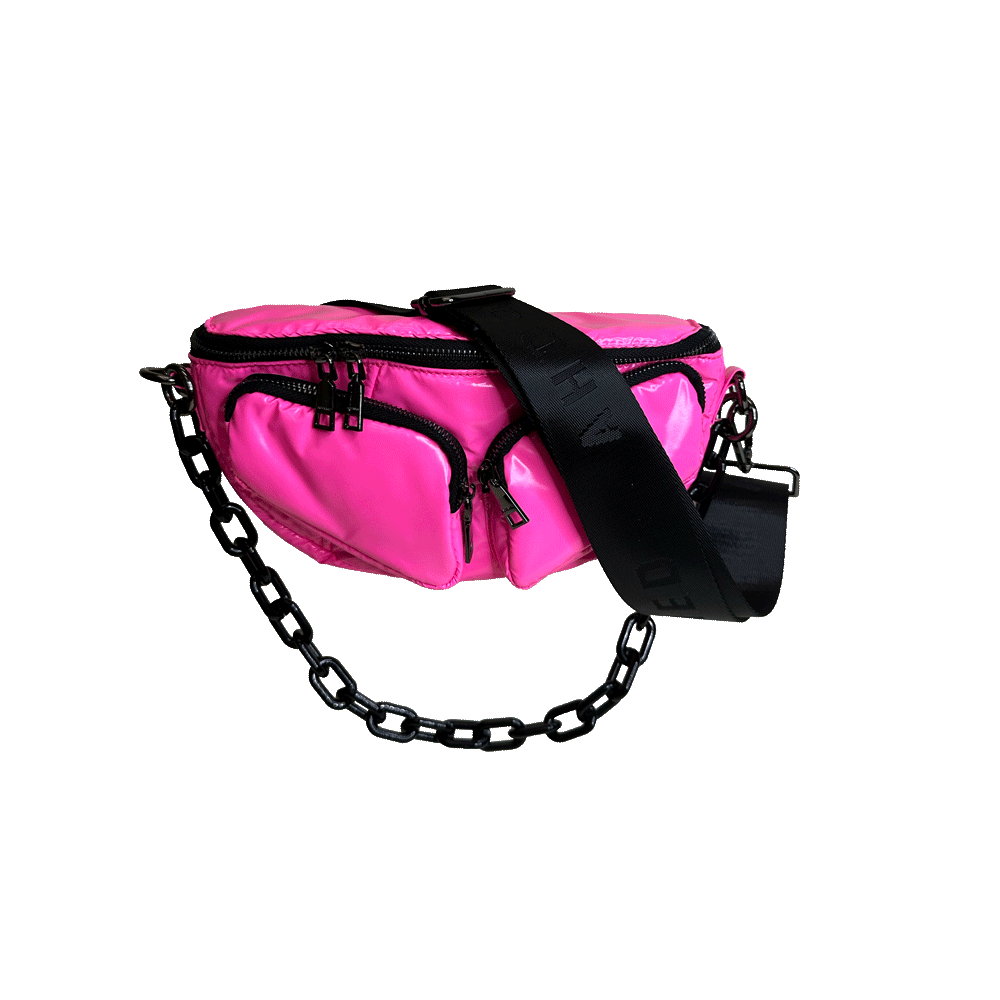 Rachel Pink Liquid Nylon Quilted Sling/Bum Bag with Resin Chain and 2" Strap