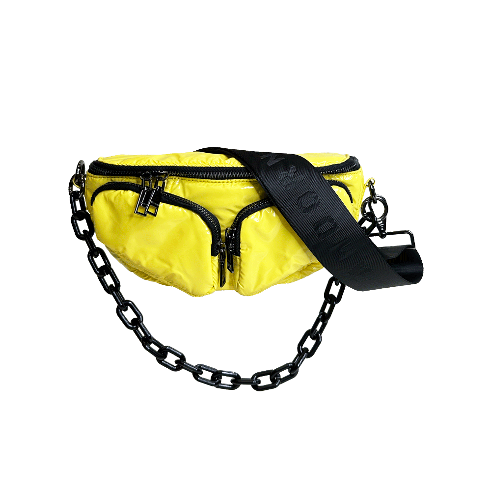 Rachel Yellow Liquid Nylon Quilted Sling/Bum Bag with Resin Chain and 2" Strap
