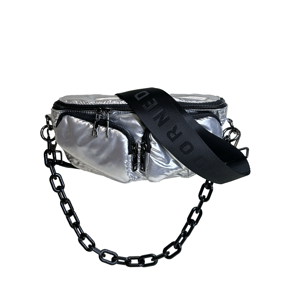Rachel Silver Liquid Nylon Quilted Sling/Bum Bag with Resin Chain and 2" Strap