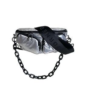 Rachel Double Pocket Puffy Sling/Waist Bag w/Black Resin Chain & 2" Adjustable Solid Black Strap