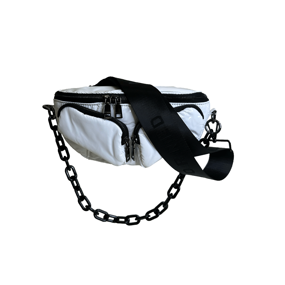 Rachel Double Pocket Puffy Sling/Waist Bag w/Black Resin Chain & 2" Adjustable Solid Black Strap
