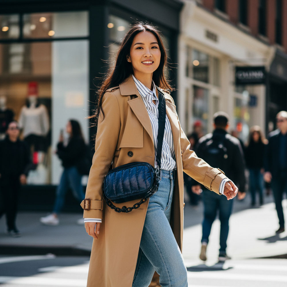 Woman in a tan coat with a navy handbag walking on a city street.